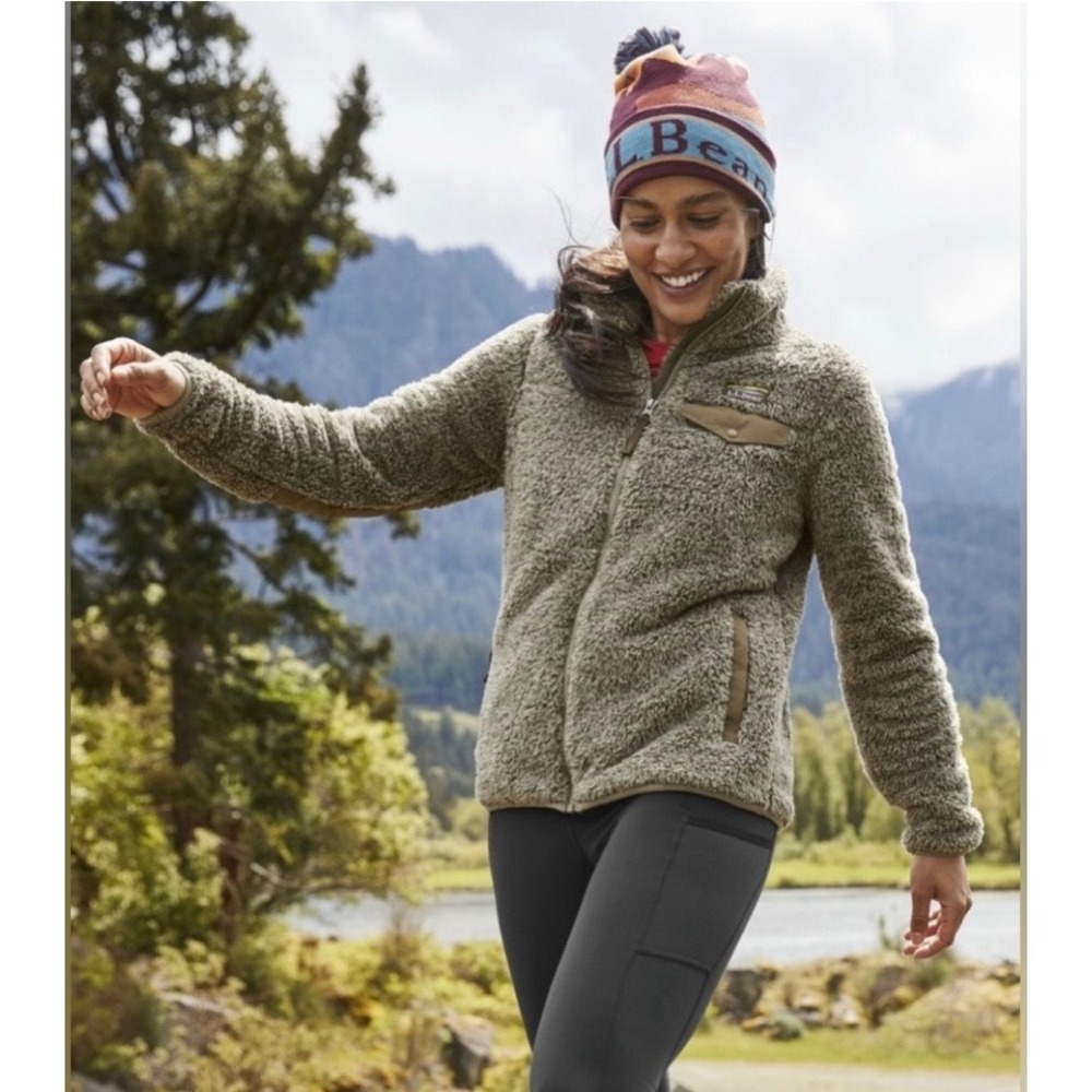 LL Bean Hi-Pile Fleece Full Zip Jacket Taupe Brown Elbow Patches 505250 Womens M